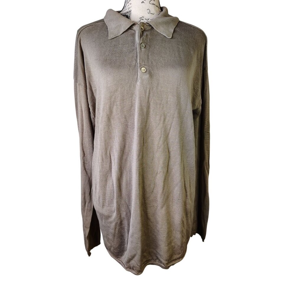 Jhane Barnes Large Men's Silk Sweater, Tan Taupe Long Sleeve Collared 1/4 Button